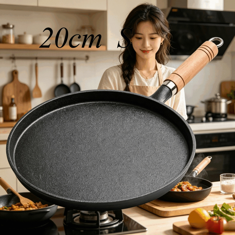 Egg Waffle Pan - 20cm Gusseisenpfanne mit Holzgriff – Unbeschichtete,